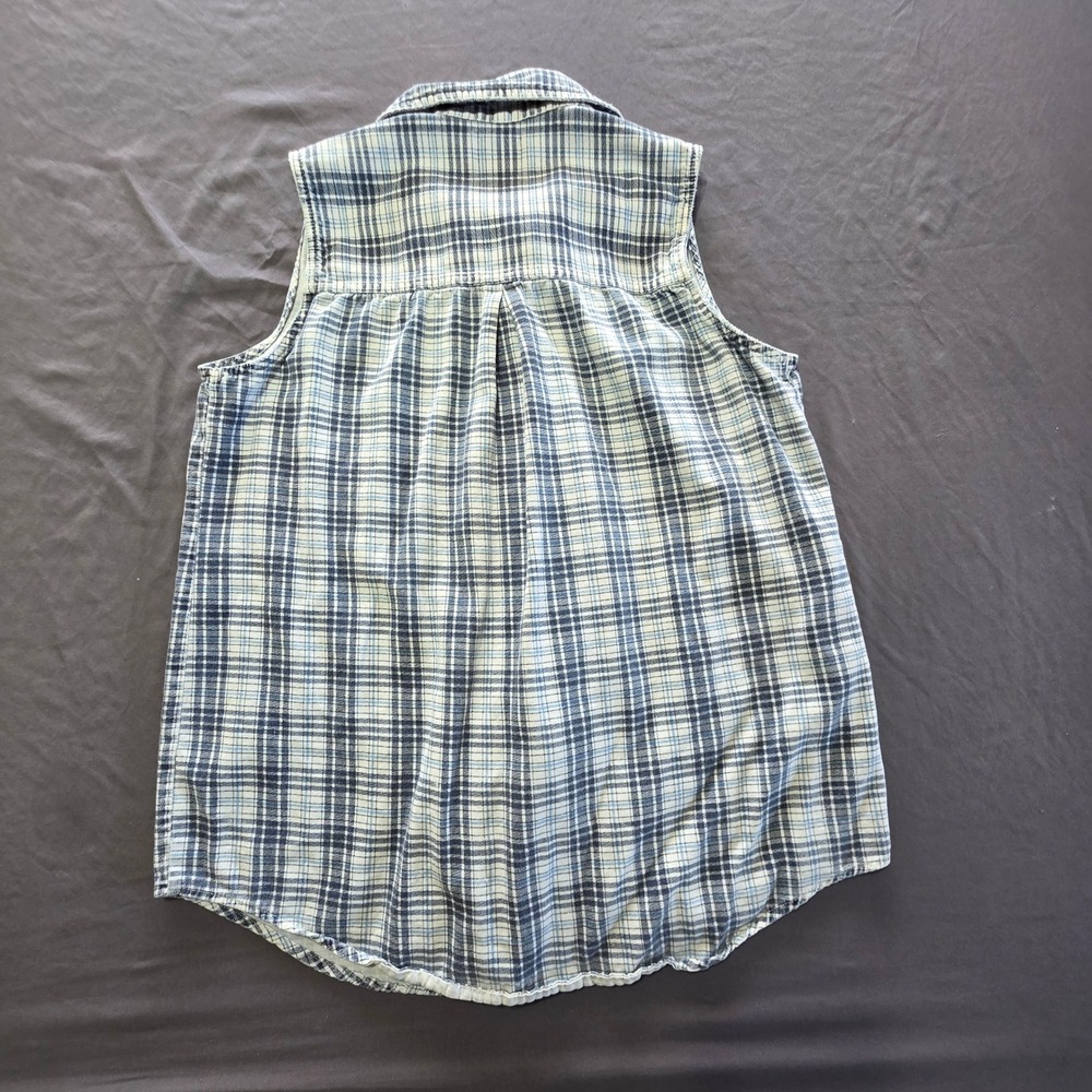 CM Company Women's Sleeveless Plaid‎ Shirt Top Button Down Blue White - Picture 5 of 5